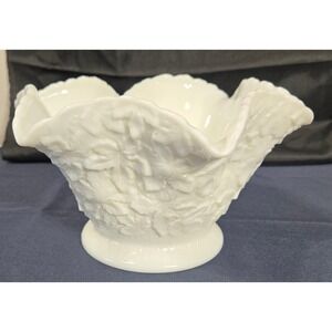 Vintage Westmoreland Bramble Milk Glass Crimped Round Bowl 10" Maple Leaf Footed